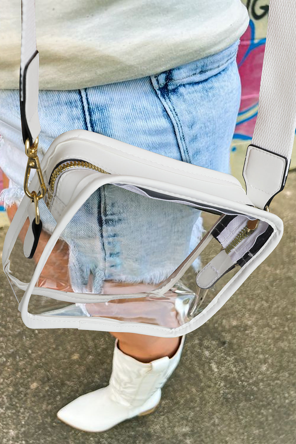 White Clear PVC Leather Strap Crossbody Bag