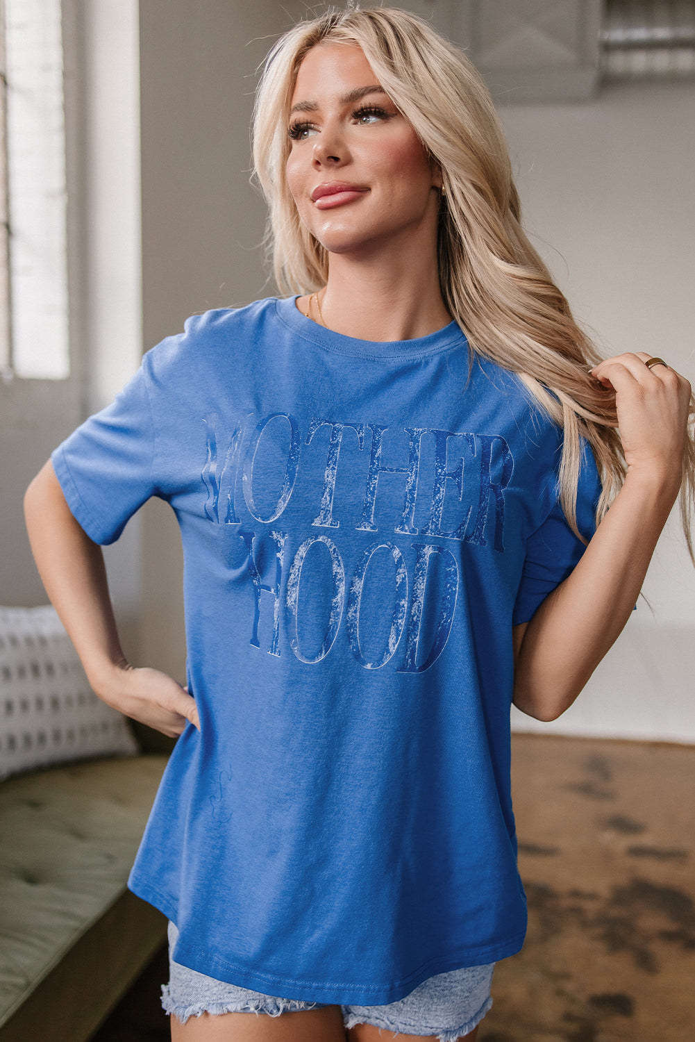 Sky Blue Vintage MOTHERHOOD Letter Graphic T Shirt