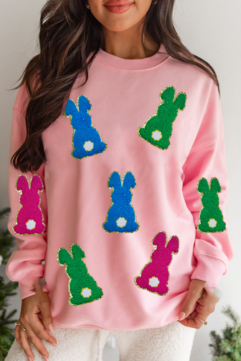 Pink Easter Bunny Chenille Patched Graphic Drop Shoulder Sweatshirt