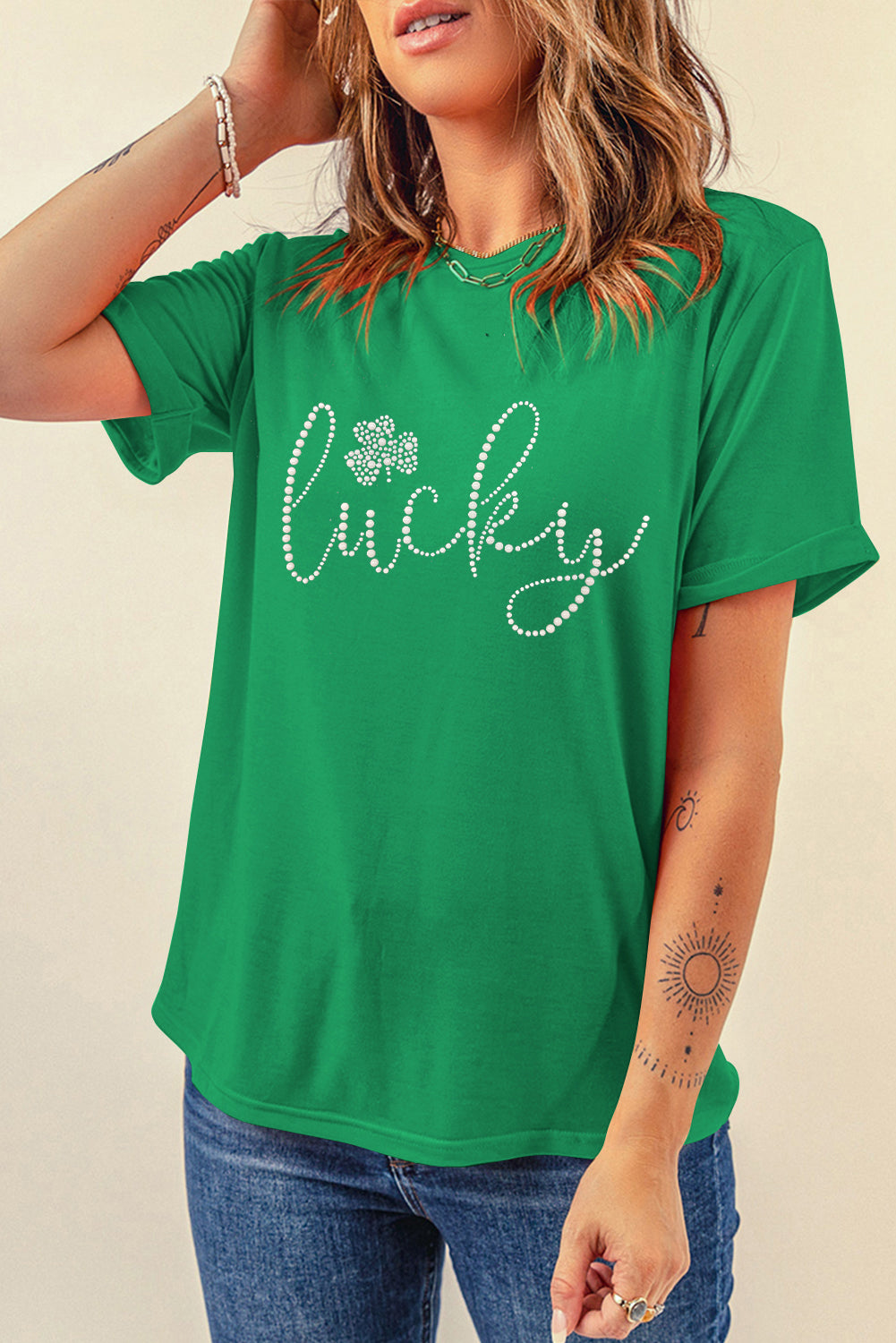 Bright Green Ceramic Rhinestone Lucky Clover Graphic Tee