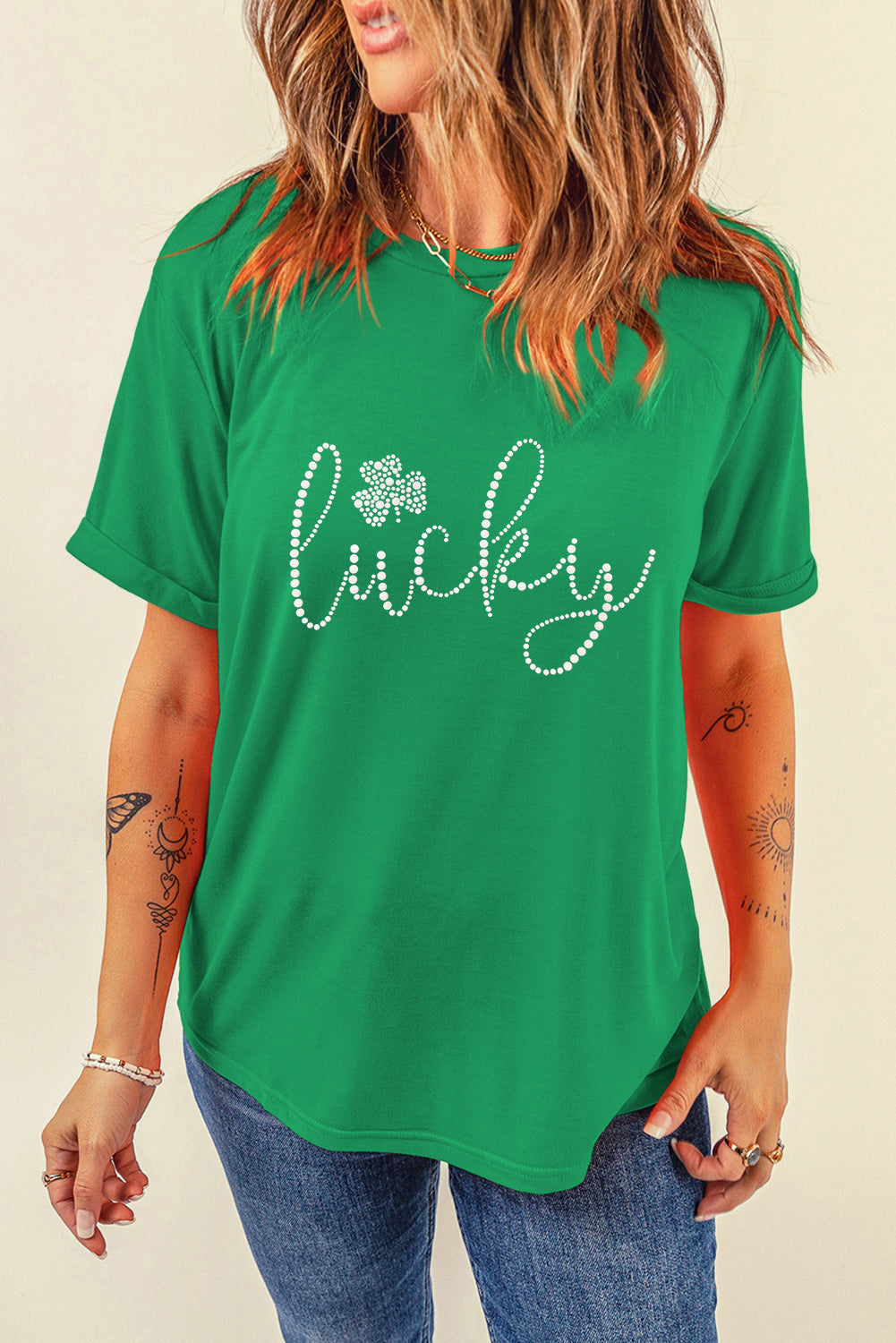 Bright Green Ceramic Rhinestone Lucky Clover Graphic Tee