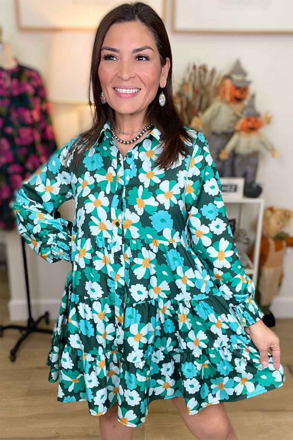 Green Floral Tiered Long Puff Sleeve Shirt Dress