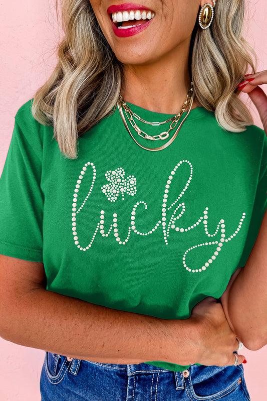 Bright Green Ceramic Rhinestone Lucky Clover Graphic Tee