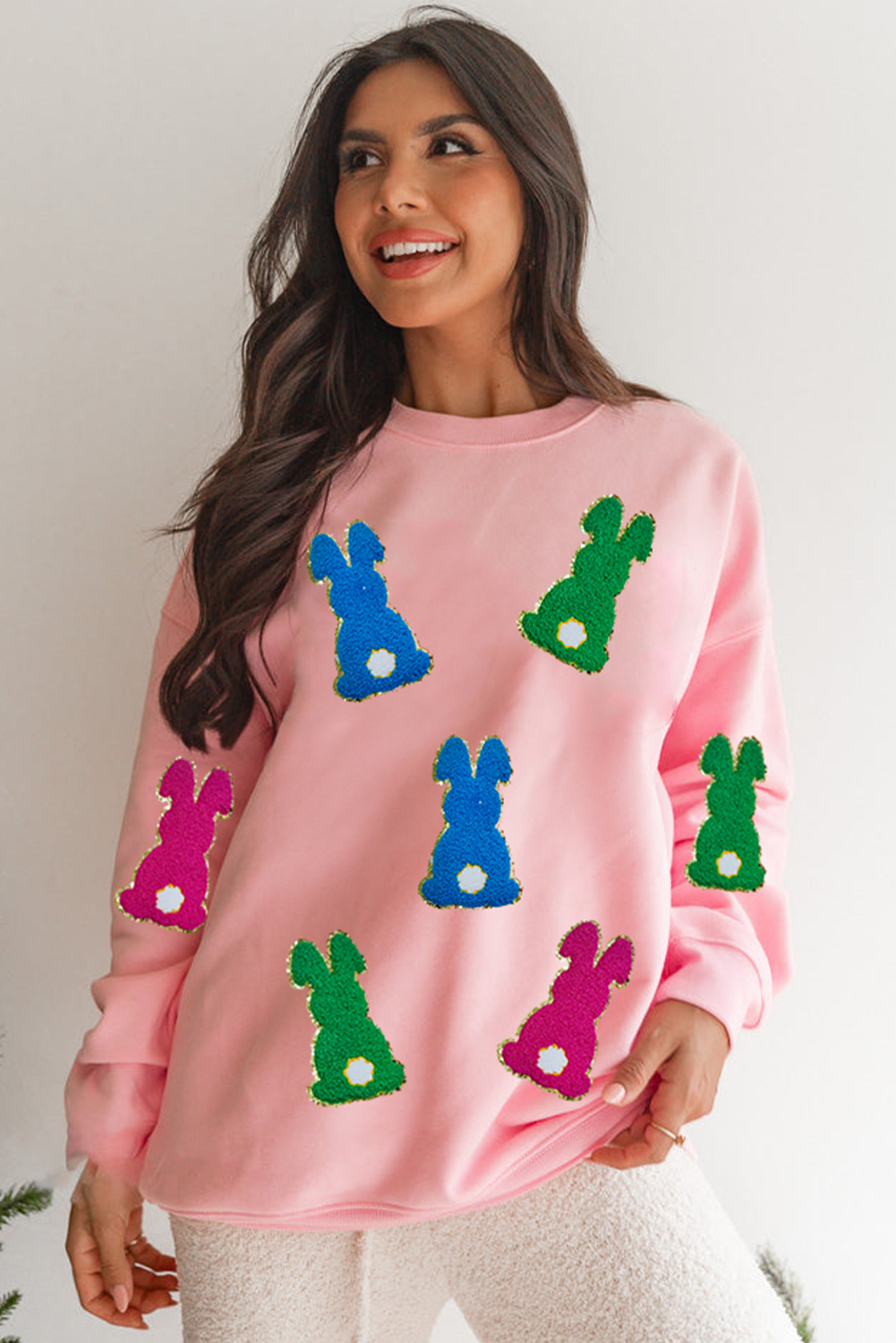 Pink Easter Bunny Chenille Patched Graphic Drop Shoulder Sweatshirt