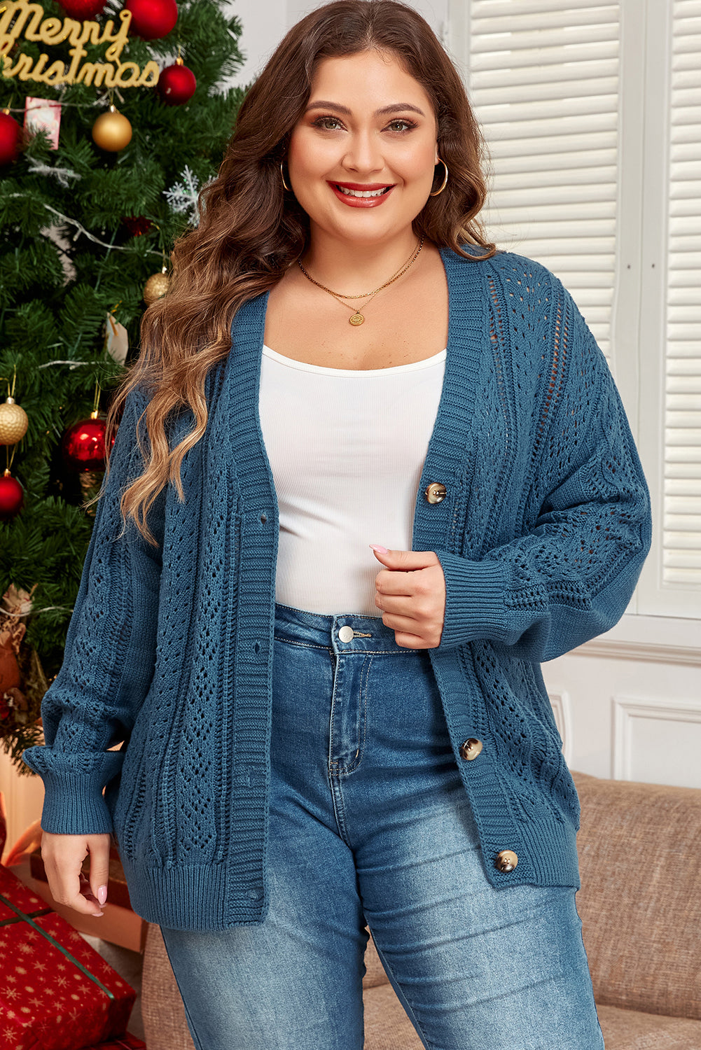 Real Teal Open Knit V Neck Button Front Drop Shoulder Plus Size Cardigan