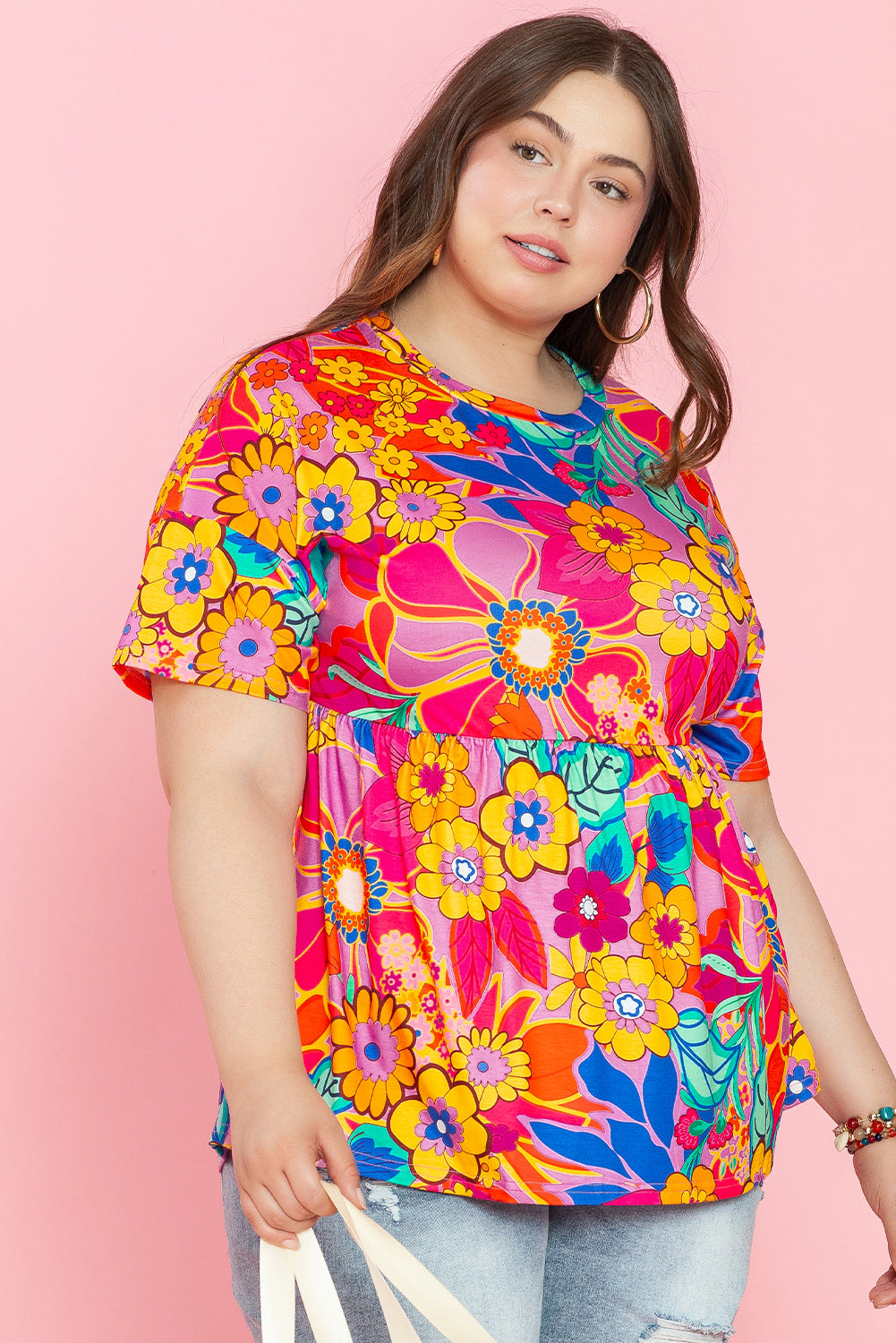 Pink Floral Print Short Sleeve Plus Size Babydoll Blouse