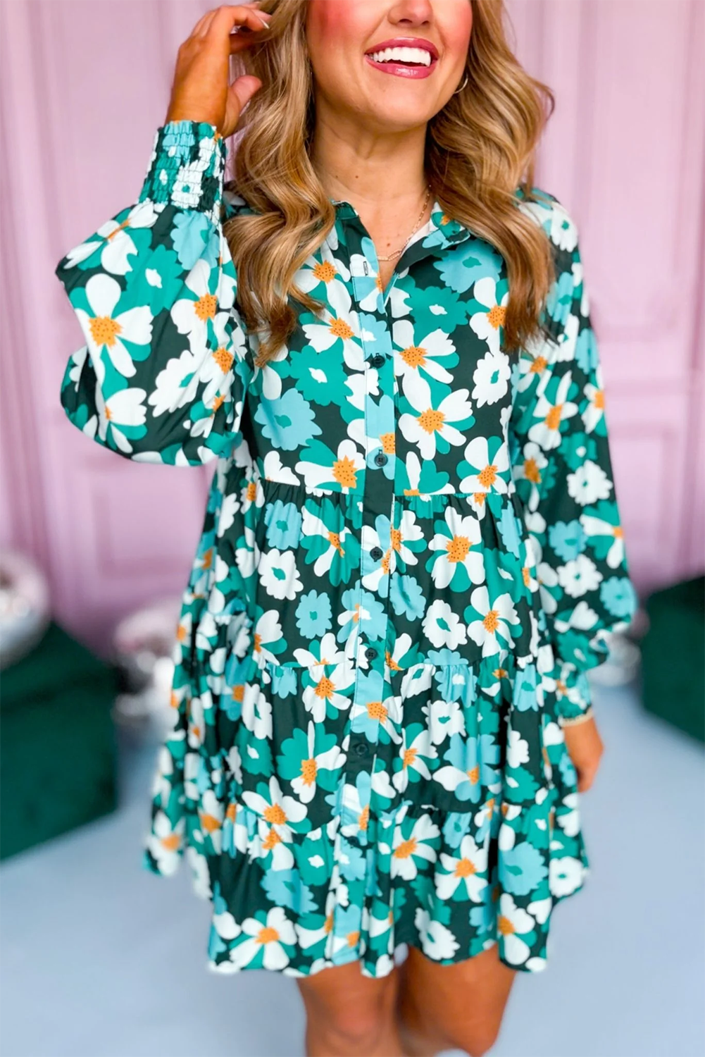 Green Floral Tiered Long Puff Sleeve Shirt Dress