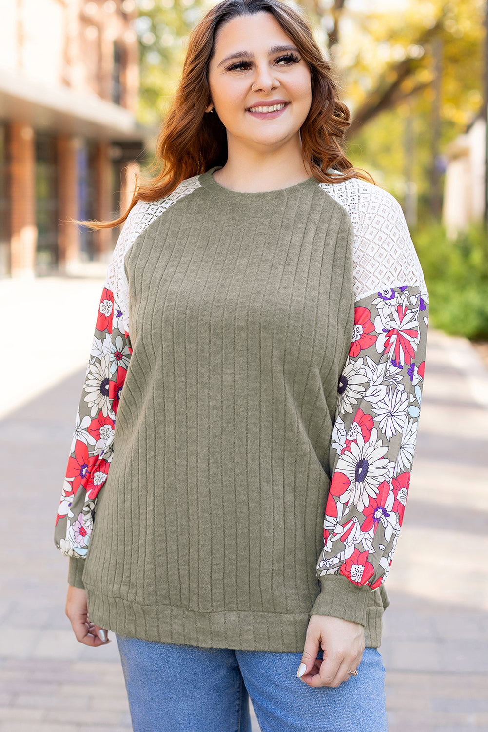 Vineyard Green Plus Size Textured Floral Patchwork Raglan Sleeve Blouse