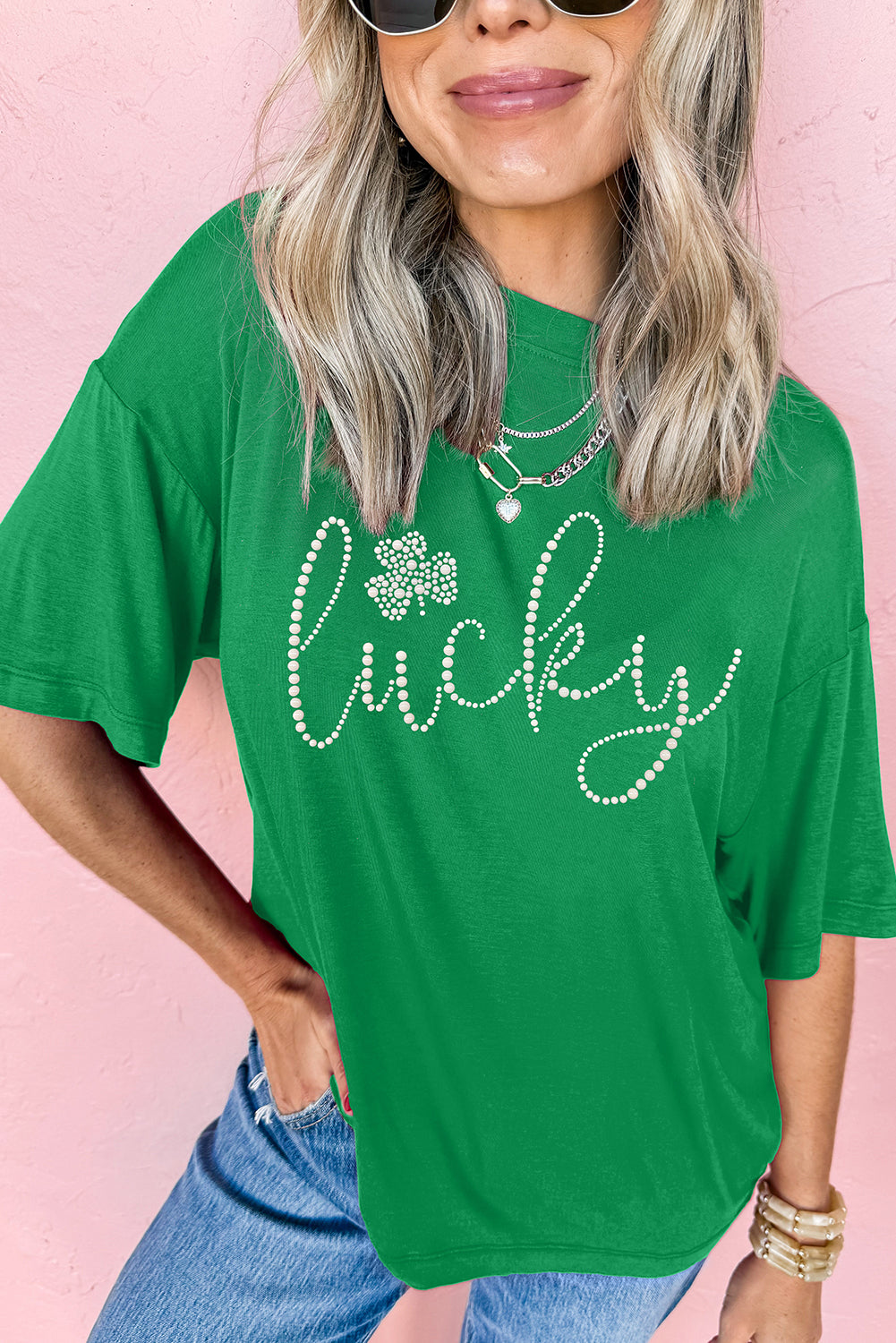 Bright Green Ceramic Rhinestone Lucky Clover Graphic Tee