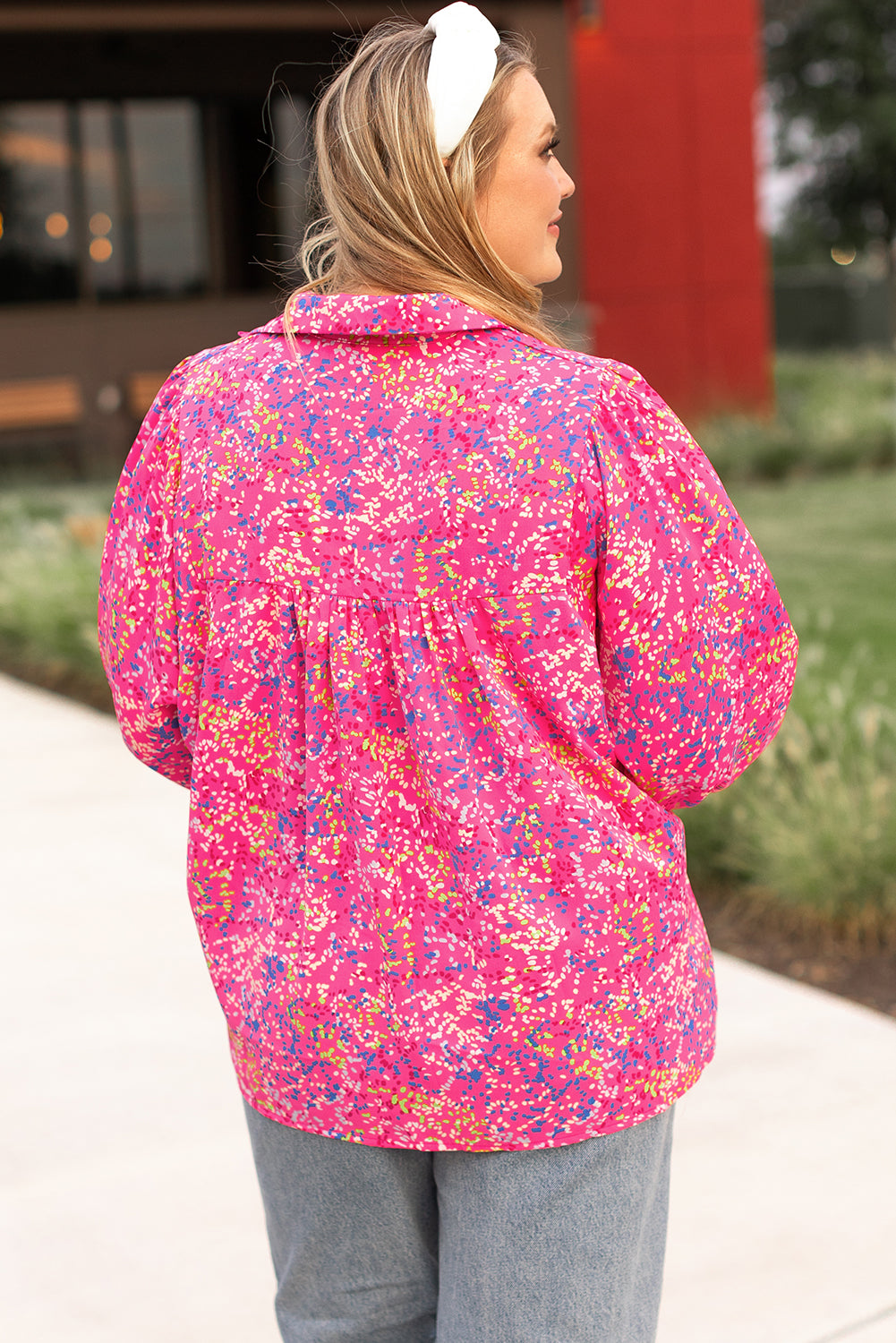 Purple Plus Size Floral Print Puff Sleeve V Neck Blouse