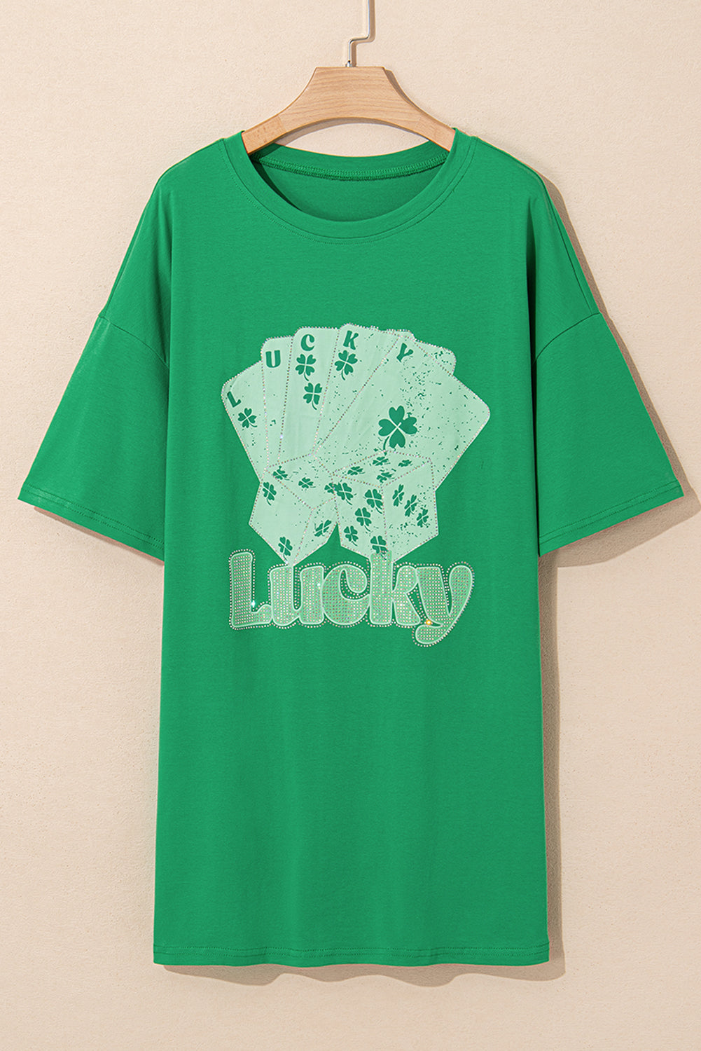 Bright Green Rhinestone Lucky Poker Cards Oversized T Shirt Mini Dress