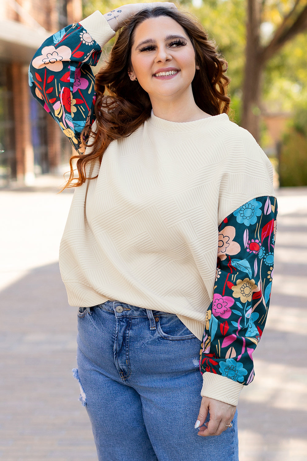 White Floral Patchwork Sleeve Textured Plus Size Pullover Top