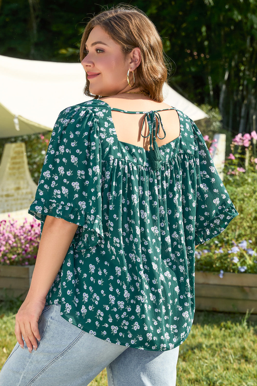 Green Floral Print Square Neck Ruffled Trim Plus Size Blouse