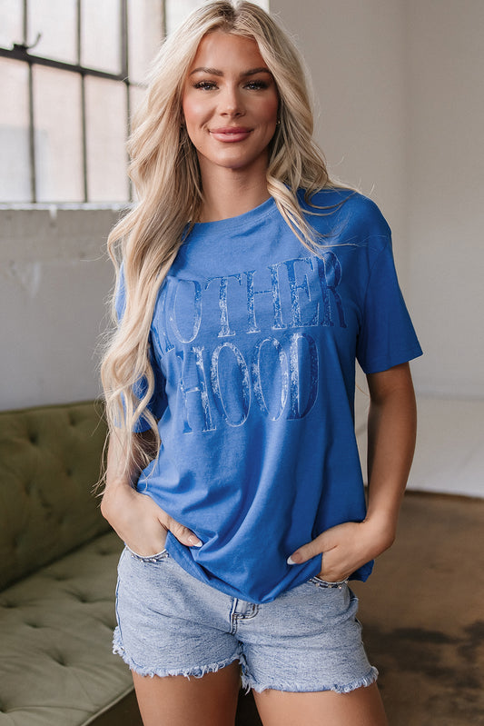 Sky Blue Vintage MOTHERHOOD Letter Graphic T Shirt