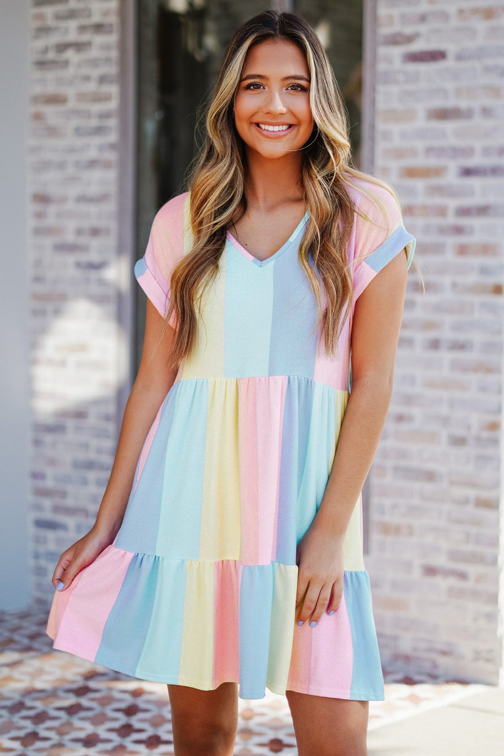 Multicolor Striped Color Block Tiered Mini Dress