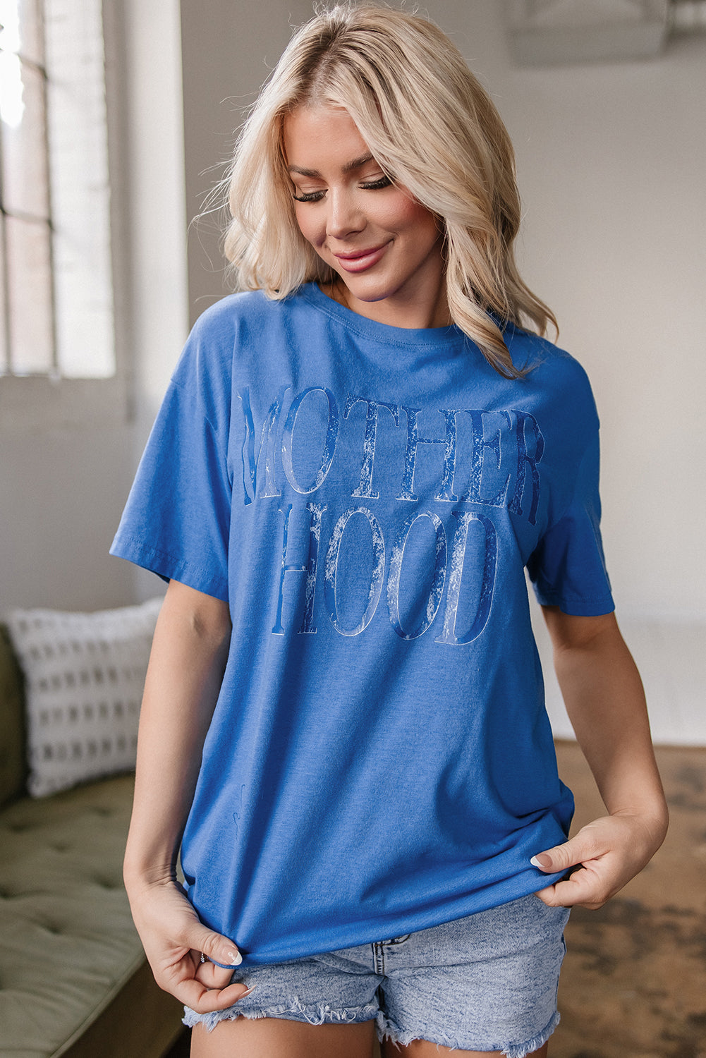 Sky Blue Vintage MOTHERHOOD Letter Graphic T Shirt