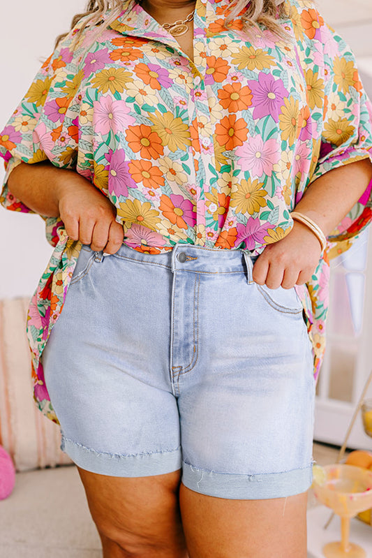 Beau Blue Folded Edge High Waist Plus Size Denim Shorts