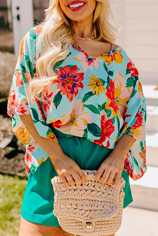 Sky Blue Plus Size Floral Print V Neck Batwing Sleeve Blouse