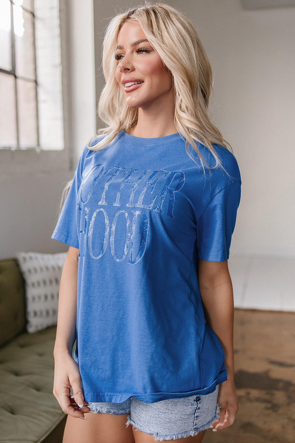 Sky Blue Vintage MOTHERHOOD Letter Graphic T Shirt